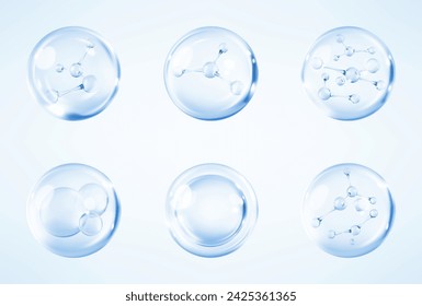 Moléculas dentro de burbujas sobre fondo azul. Burbuja de colágeno en suero. Esencia cosmética. Concepto de solución cosmética para el cuidado de la piel. Ilustración del vector 3d