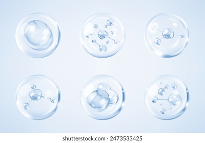 Molecules inside bubbles on blue background. Collagen serum bubble. Cosmetic essence. Concept skin care cosmetics solution. Vector 3d illustration
