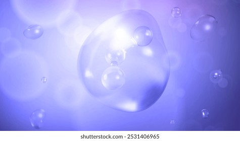 Moléculas dentro de bolhas em fundo azul. Bolha de soro de água. Essência cosmética. Conceito de solução cosmética de cuidados com a pele. Ilustração em 3d vetorial