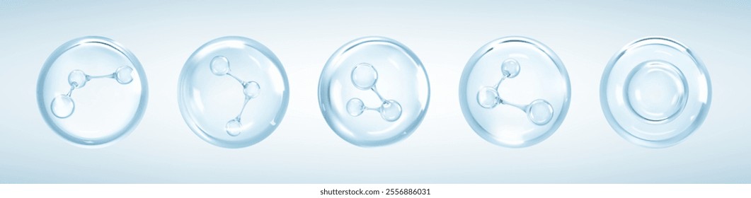 Molecules inside bubbles on blue background. Collagen serum bubble. Cosmetic essence. Hyaluronic acid. Skincare product. Concept skin care cosmetics solution. Vector 3d illustration
