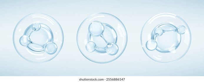 Molecules inside bubbles on blue background. Collagen serum bubble. Cosmetic essence. Hyaluronic acid. Skincare product. Concept skin care cosmetics solution. Vector 3d illustration
