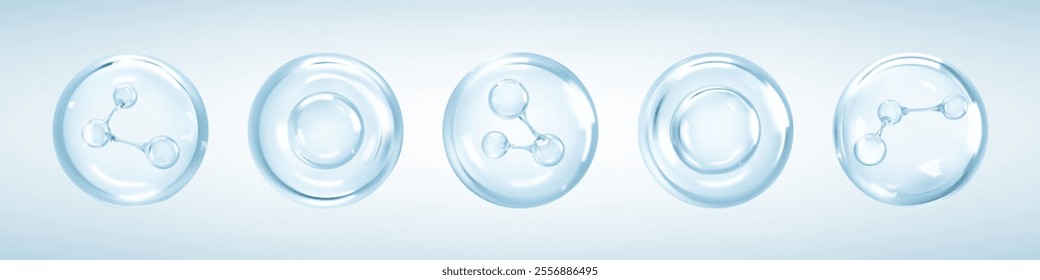 Molecules inside bubbles on blue background. Collagen serum bubble. Cosmetic essence. Hyaluronic acid. Skincare product. Concept skin care cosmetics solution. Vector 3d illustration
