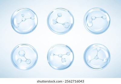 Molecules inside bubbles on blue background. Collagen serum bubble. Cosmetic essence. Hyaluronic acid. Skincare product. Concept skin care cosmetics solution. Vector 3d illustration