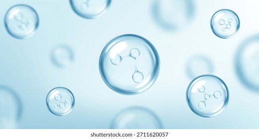 Moléculas dentro de bolhas em fundo azul. Essência cosmética. Conceito de solução cosmética de cuidados com a pele. Ilustração vetorial