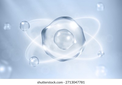 Moléculas dentro de bolhas em fundo azul. Bolha de soro de água. Essência cosmética. Conceito de solução cosmética de cuidados com a pele. Ilustração em 3d vetorial
