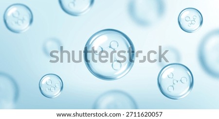 Molecules inside bubbles on blue background. Cosmetic essence. Concept skin care cosmetics solution. Vector illustration
