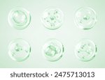 Molecules inside bubbles on green background. Collagen serum bubble. Cosmetic essence. Concept skin care cosmetics solution. Vector 3d illustration