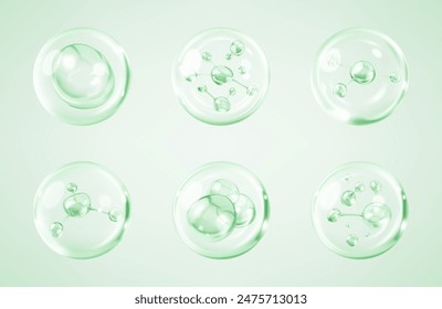 Molecules inside bubbles on green background. Collagen serum bubble. Cosmetic essence. Concept skin care cosmetics solution. Vector 3d illustration