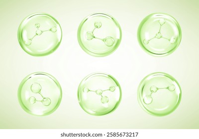 Molecules inside bubbles on green background. Collagen serum bubble. Cosmetic essence. Concept skin care cosmetics solution. Vector 3d illustration