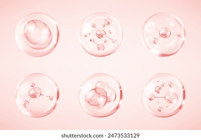 Moléculas dentro de burbujas sobre fondo rosa. Burbuja de colágeno en suero. Esencia cosmética. Concepto de solución cosmética para el cuidado de la piel. Vector 3d ilustración
