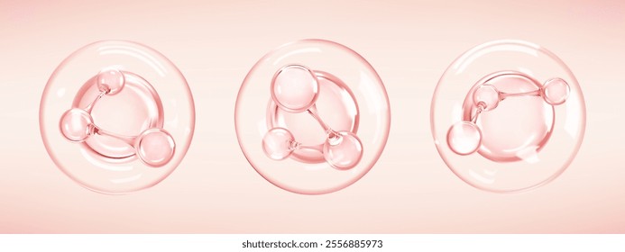 Molecules inside bubbles on pink background. Collagen serum bubble. Cosmetic essence. Hyaluronic acid. Skincare product. Concept skin care cosmetics solution. Vector 3d illustration
