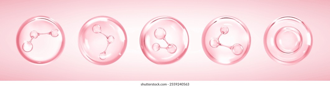 Molecules inside bubbles on pink background. Collagen serum bubble. Cosmetic essence. Hyaluronic acid. Skincare product. Concept skin care cosmetics solution. Vector 3d illustration