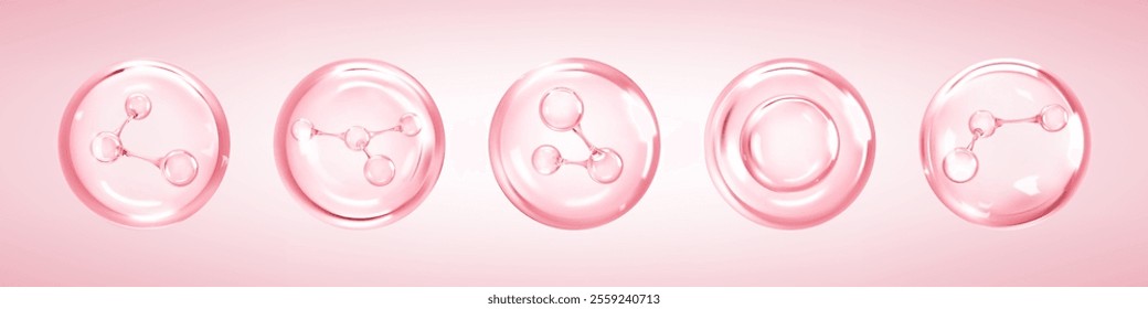 Molecules inside bubbles on pink background. Collagen serum bubble. Cosmetic essence. Hyaluronic acid. Skincare product. Concept skin care cosmetics solution. Vector 3d illustration