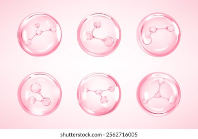 Molecules inside bubbles on pink background. Collagen serum bubble. Cosmetic essence. Hyaluronic acid. Skincare product. Concept skin care cosmetics solution. Vector 3d illustration