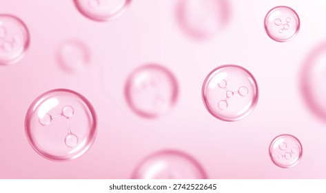 Molecules inside bubbles on pink background. Cosmetic moisturizer water molecule. Cosmetic essence. Concept skin care cosmetics solution. Vector illustration