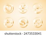 Molecules inside bubbles on yellow background. Collagen serum bubble. Cosmetic essence. Concept skin care cosmetics solution. Vector 3d illustration
