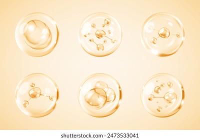 Molecules inside bubbles on yellow background. Collagen serum bubble. Cosmetic essence. Concept skin care cosmetics solution. Vector 3d illustration