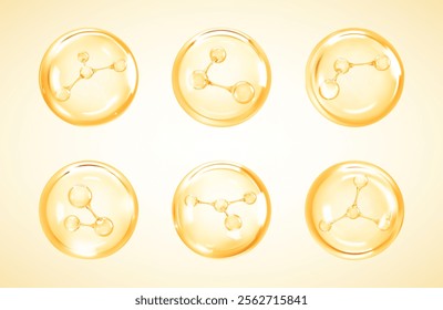 Molecules inside bubbles on yellow background. Cosmetic oil or essence. Collagen serum bubble. Skincare product. Concept skin care cosmetics solution. Vector 3d illustration