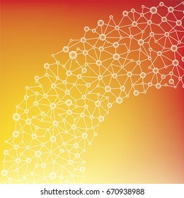 Molecules linked together forming a curved arc or circular structure. Circles with transparent highlights. Warm red and orange vector background.