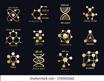 Molecules logotypes. Golden molecular structures, hexagons and grids for logo formulas of microbiology and biochemistry, biotechnology and chemical, macromolecules isolated on black