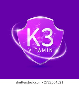 Moléculas menadiona vitamina K3 solución en vidrio translúcido escudo púrpura moderno rodeado de anillo brillante. Inmunidad a las vitaminas. Para cosméticos de diseño o productos complementarios. Vector 3D EPS10.