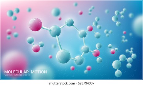 Molecules in motion. Luminous atoms. Blurred blue background. Chaotic particles. Vector illustration on a theme of medicine, science. Screen saver for websites, a template for printing banners.