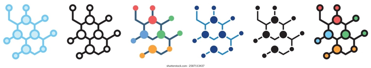 Molecules multi style, mini illustration icon. outline, flat, glyph, line color, UI, UX, app and web, digital or print. For education, research, chemistry.