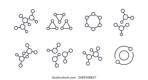 molecules or nanoparticles icons, nano compounds line vector set