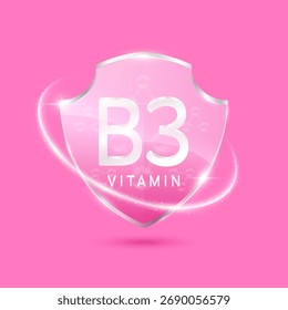 Moléculas de niacina vitamina B3 solución en vidrio translúcido escudo rosa moderno rodeado de anillo brillante. Inmunidad a las vitaminas. Para cosméticos de diseño o productos complementarios. Vector 3D EPS10.