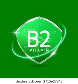 Moléculas riboflavina vitamina B2 solución en vidrio translúcido escudo verde moderno rodeado de anillo brillante. Inmunidad a las vitaminas. Para cosméticos de diseño o productos complementarios. Vector 3D EPS10.