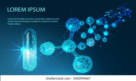 Molecules. Scientific molecule low poly wireframe background for medicine, science, technology, chemistry. Wallpaper or banner with a DNA molecules. Polygonal wireframe futuristic image. 