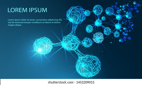 Molecules. Scientific molecule low poly wireframe background for medicine, science, technology, chemistry. Wallpaper or banner with a DNA molecules. Polygonal wireframe futuristic image. 
