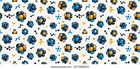 Molecules seamless background, vector tiling endless repeat pattern with different molecules, chemistry and pharmacology theme, elements easy to use separately as an icons or illustrations.