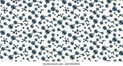Molecules seamless background, vector tiling endless repeat pattern with different molecules, chemistry and pharmacology theme, elements easy to use separately as an icons or illustrations.