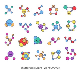 Molecules set of cute kawaii cartoon characters with smiling, tongue out, surprised, sad, sleeping, and angry emotions, featuring chemistry bonds, orbital clusters, and spherical designs