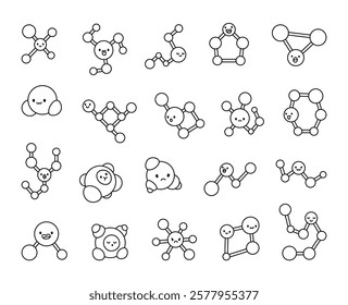 Molecules set of cute kawaii cartoon characters with smiling, tongue out, surprised, sad, sleeping, and angry emotions, featuring chemistry bonds, orbital clusters, and spherical designs