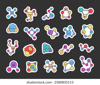 Molecules set of cute kawaii cartoon characters with smiling, tongue out, surprised, sad, sleeping, and angry emotions, featuring chemistry bonds, orbital clusters, and spherical designs