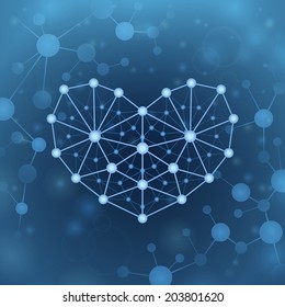 Molecules in the shape of heart on blue background