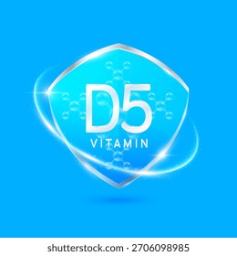 Molecules sitocalciferol vitamin D5 solution in translucent glass shield modern blue surrounded by glowing ring. Vitamins immunity. For design cosmetics or supplement products. 3D Vector EPS10.