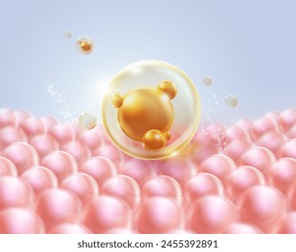 Molecules of skin cell nourishing serum in close-up view. Advertisements for cosmetics, nourishing oils, serum products. Illustration vector file.