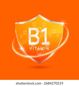 Moléculas tiamina vitamina B1 solución en vidrio translúcido escudo naranja moderno rodeado de anillo brillante. Inmunidad a las vitaminas. Para cosméticos de diseño o productos complementarios. Vector 3D EPS10.