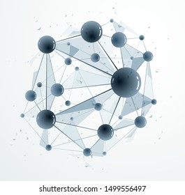Molecules vector abstract background, 3D dimensional science chemistry and physics theme design element, atoms and particles micro nano scientific illustration.