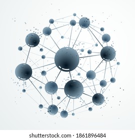 Molecules vector abstract background, 3D dimensional science chemistry and physics theme design element, atoms and particles micro nano scientific illustration.