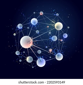 Moléculas de fondo abstracto vectorial, elementos de diseño de temas de ciencia 3D y ciencias físicas, átomos y partículas de micronanotecnia.