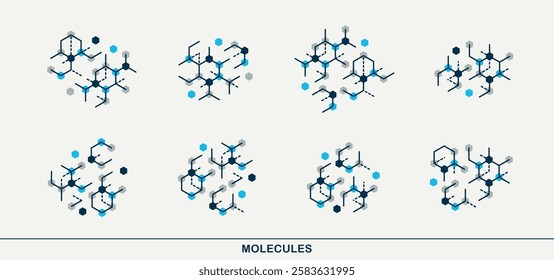 Molecules vector icons set, chemistry science molecular microscopic structures, laboratory experiment and education.