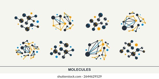 Molecules vector icons set, chemistry science molecular microscopic structures, laboratory experiment and education.