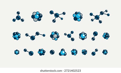Molecules vector icons set, chemistry science molecular microscopic structures, laboratory experiment and education.