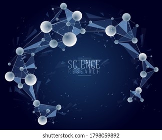 Ilustración vectorial de moléculas, química científica y física tema de fondo abstracto, tema de ciencia y tecnología micro y nano, átomos y partículas microscópicas.