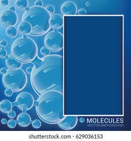 Molecules of water in motion. Blue background. Chaotic particles. Vector illustration on a theme of medicine, science, technology. Template for printing posters, banners, advertising.