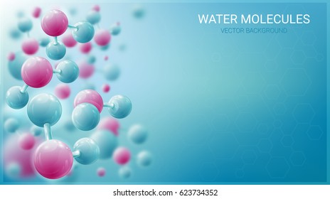 Molecules of water in motion. Luminous atoms. Blurred blue background. Chaotic particles. Vector illustration on a theme of medicine, science, technology. Screen-saver for websites.